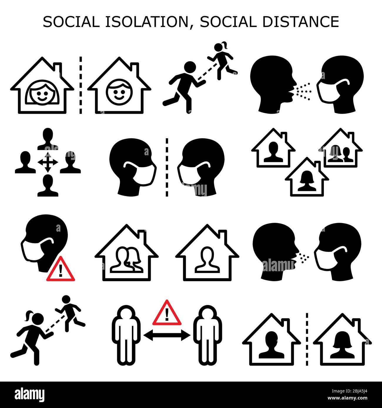 Isolement social, distance sociale, personnes en quarantaine isolées à la maison pendant la pandémie ou épidémie icônes vectorielles définies - mettre en valeur le concept de courbe Illustration de Vecteur