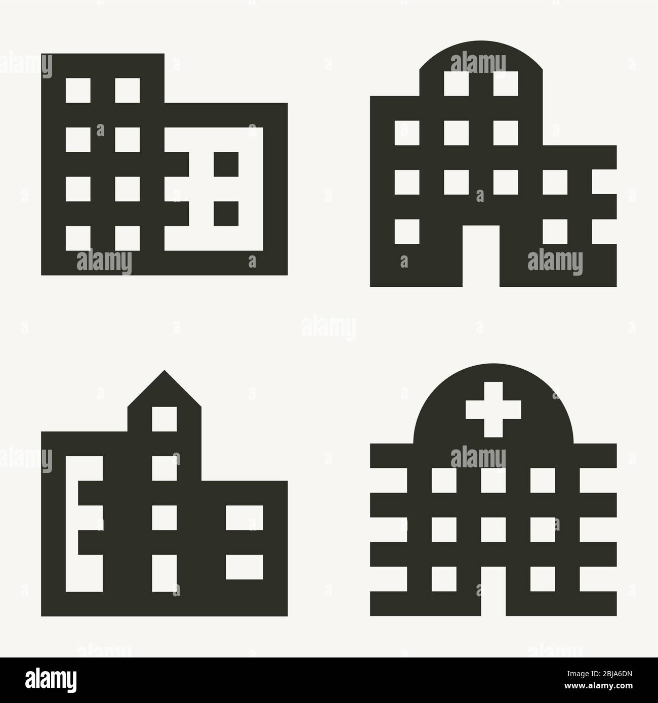 Quatre bâtiments minimum icônes: Bureaux, appartements, ville, hôpital. Illustration de Vecteur