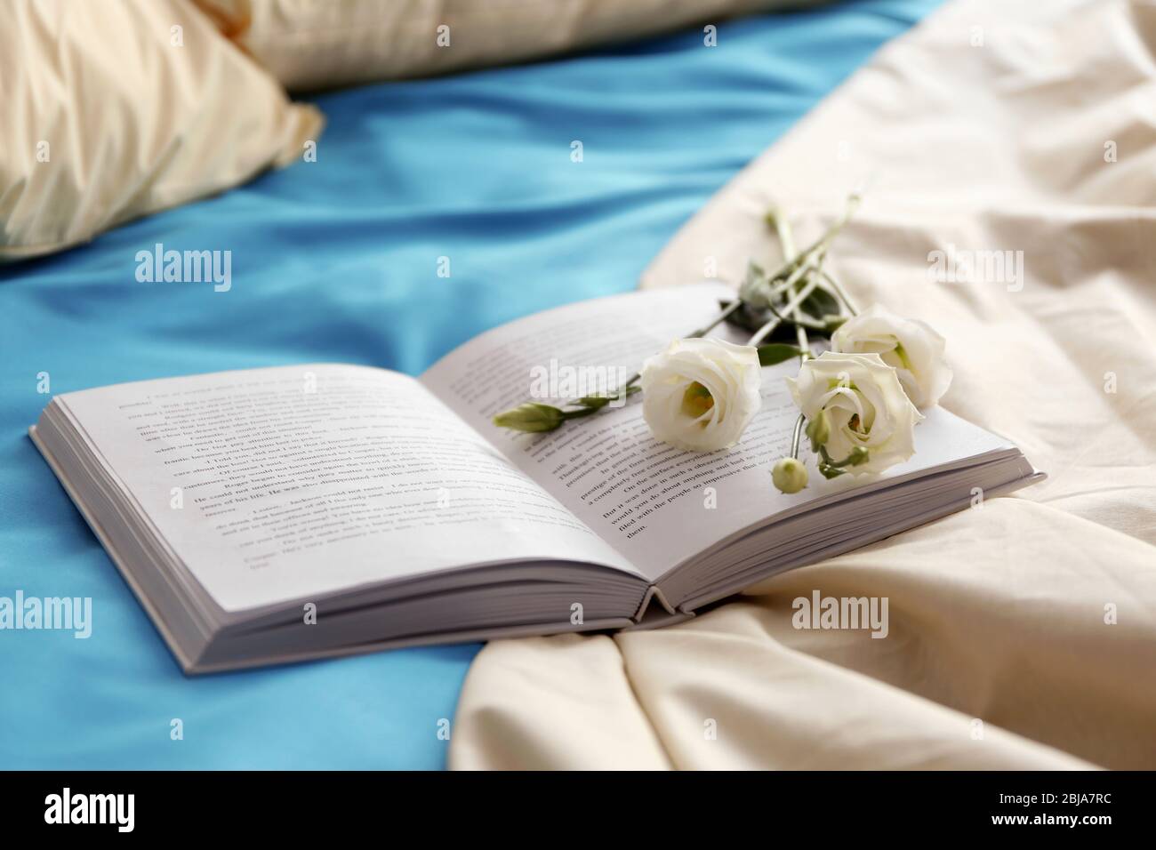 Livre ouvert et belle fleur sur un lit froissé Banque D'Images