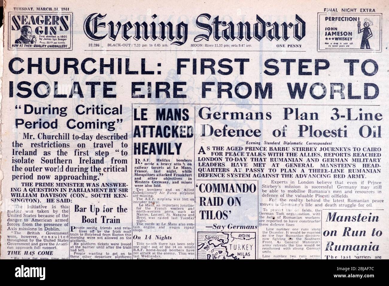 Evening Standard journal titre première page Irlande, Ploesti Oil 'Churchill: First Step to Isolate Eire from World' 14 mars 1944 Londres Angleterre Royaume-Uni Banque D'Images