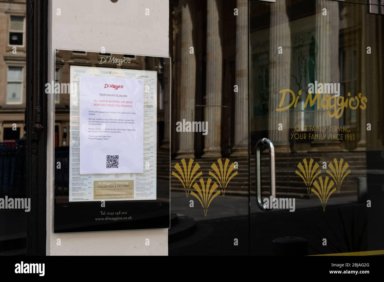 Di'Maggios restaurant fermeture temporaire signe pendant le verrouillage du coronavirus, Glasgow, Ecosse, Royaume-Uni Banque D'Images