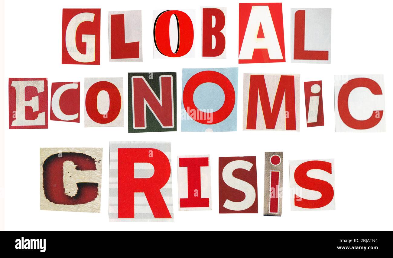 Texte de crise économique mondiale, composé de coupures de presse isolées sur fond blanc. Banque D'Images