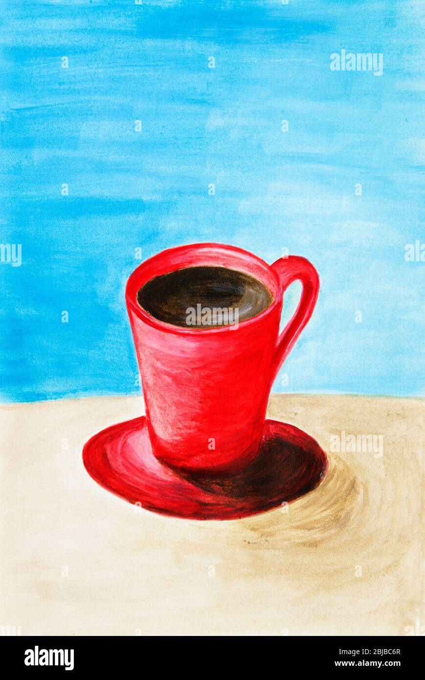 Peinture acrylique originale de la tasse de café rouge sur table.l'impressionnisme moderne, le modernisme,le marinisme Banque D'Images