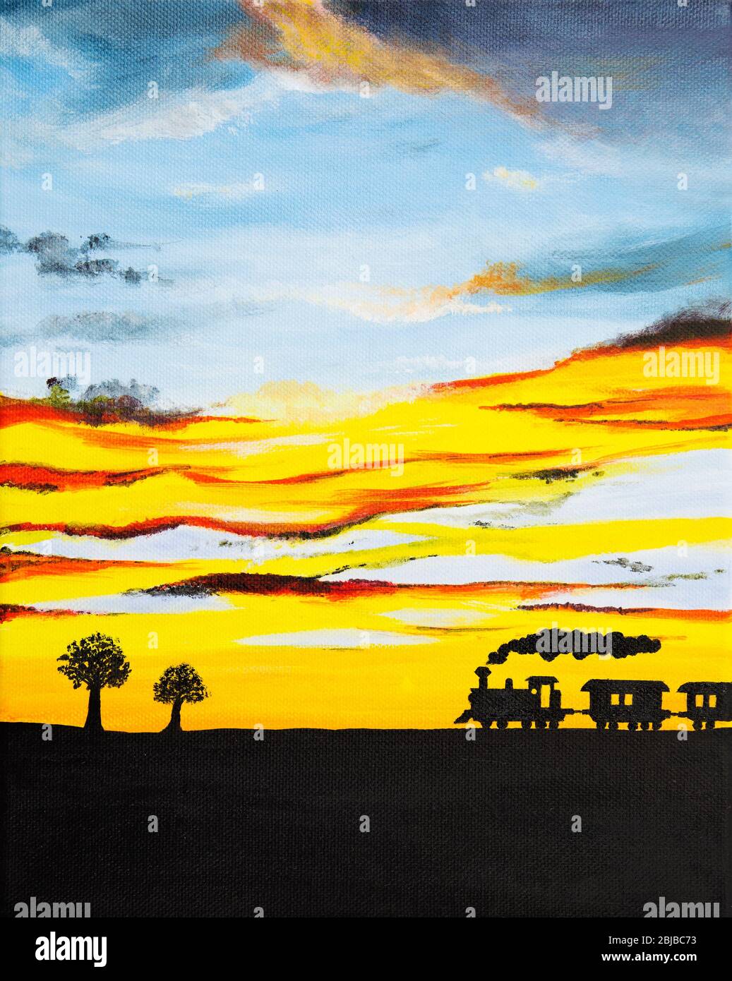 Peinture acrylique originale de la silhouette de train à vapeur et beau coucher de soleil sur toile.l'impressionnisme moderne Banque D'Images
