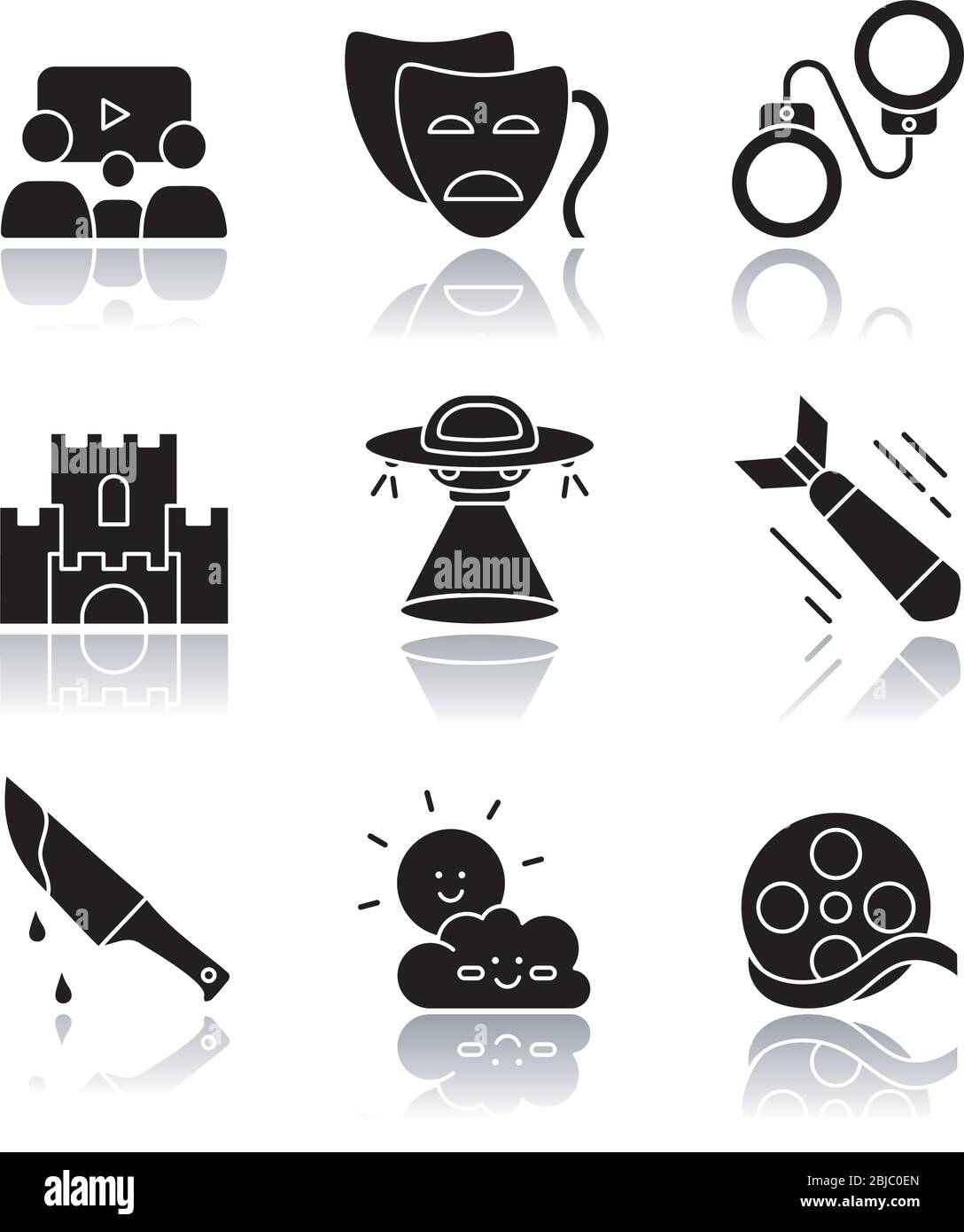 Les catégories de films affichent les icônes de glyphe noir ombre. Différents types de films, genres de cinéma populaires. Styles de cinéma communs, industrie de la réalisation de films Illustration de Vecteur