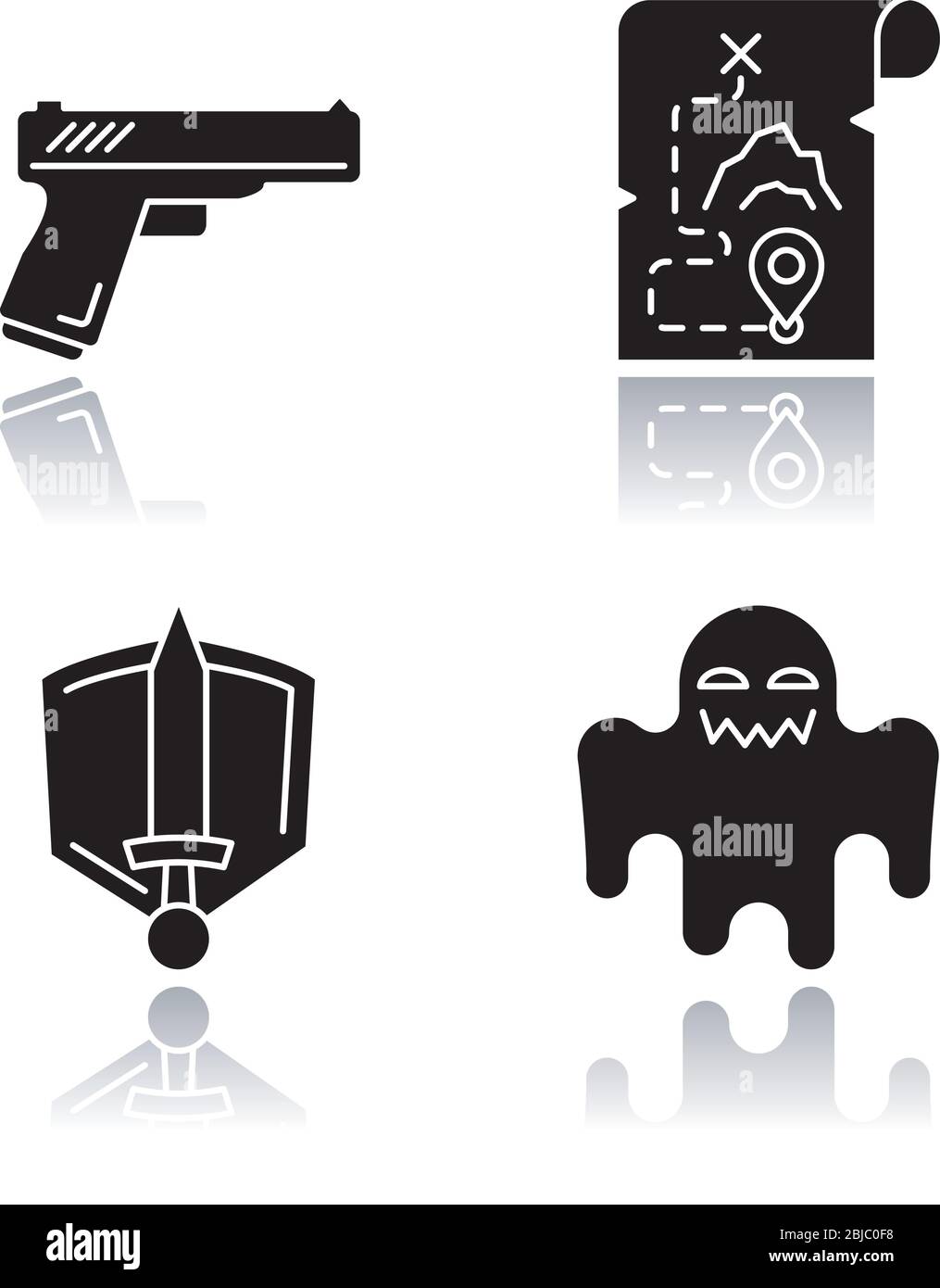 Les genres de films courants sont les icônes de glyphes noirs d'ombre. Des films d'action, d'aventure, d'histoire épique et d'horreur. Catégories populaires de cinéma Illustration de Vecteur