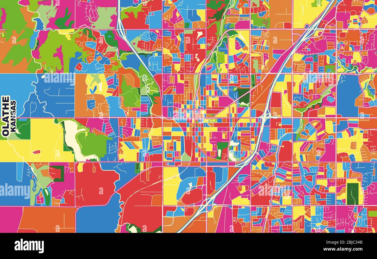 Carte vectorielle colorée d'Olathe, Kansas, États-Unis. Modèle de plan artistique pour l'impression automatique d'œuvres d'art murales au format paysage. Illustration de Vecteur