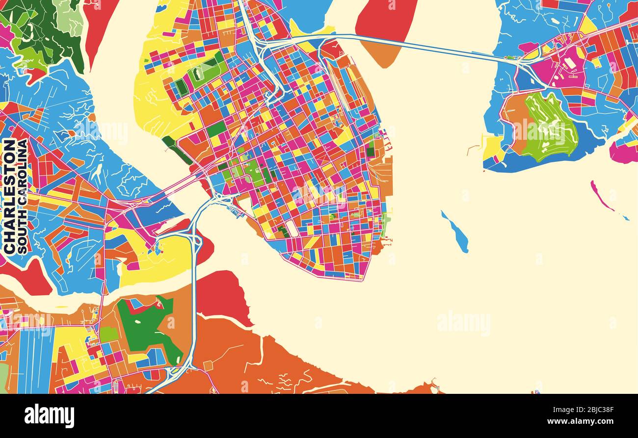 Carte vectorielle colorée de Charleston, Caroline du Sud, États-Unis. Modèle de plan artistique pour l'impression automatique d'œuvres d'art murales au format paysage. Illustration de Vecteur