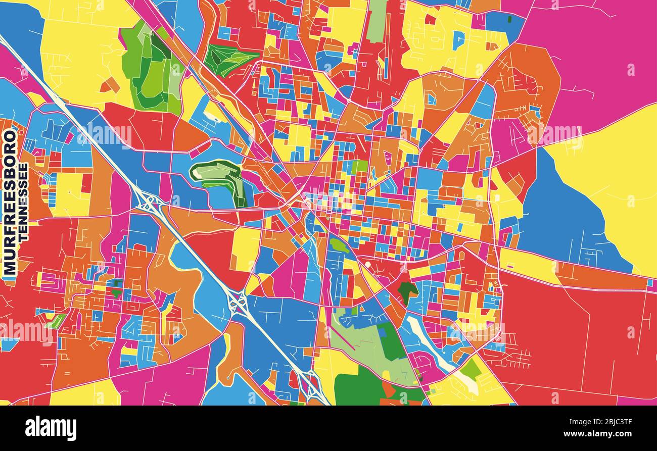 Carte vectorielle colorée de Murfreesboro, Tennessee, États-Unis. Modèle de plan artistique pour l'impression automatique d'œuvres d'art murales au format paysage. Illustration de Vecteur