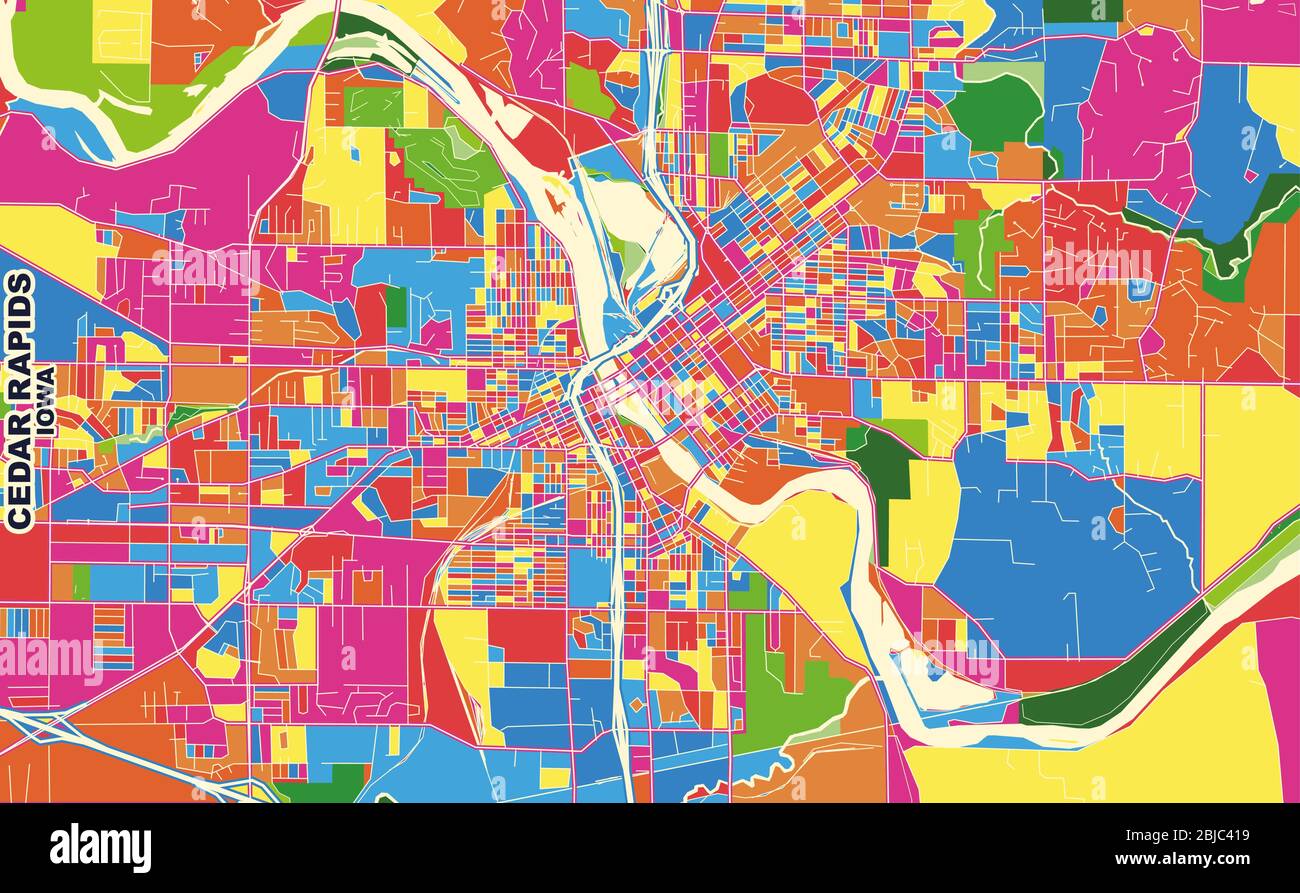 Carte vectorielle colorée de Cedar Rapids, Iowa, États-Unis. Modèle de plan artistique pour l'impression automatique d'œuvres d'art murales au format paysage. Illustration de Vecteur