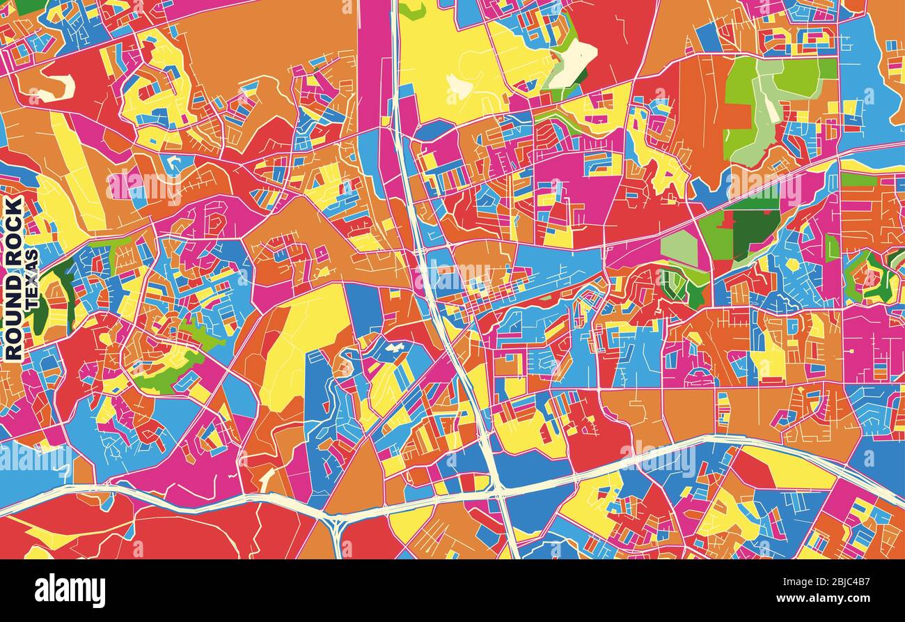Carte vectorielle colorée de Round Rock, Texas, États-Unis. Modèle de plan artistique pour l'impression automatique d'œuvres d'art murales au format paysage. Illustration de Vecteur