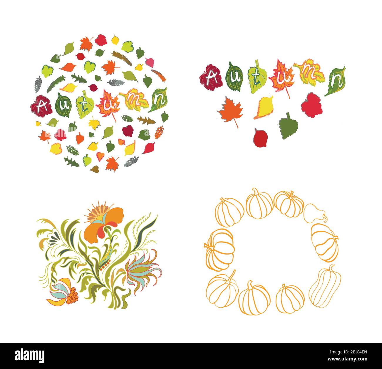 Ensemble fleuri vectoriel. Collection automne avec citrouilles Illustration de Vecteur