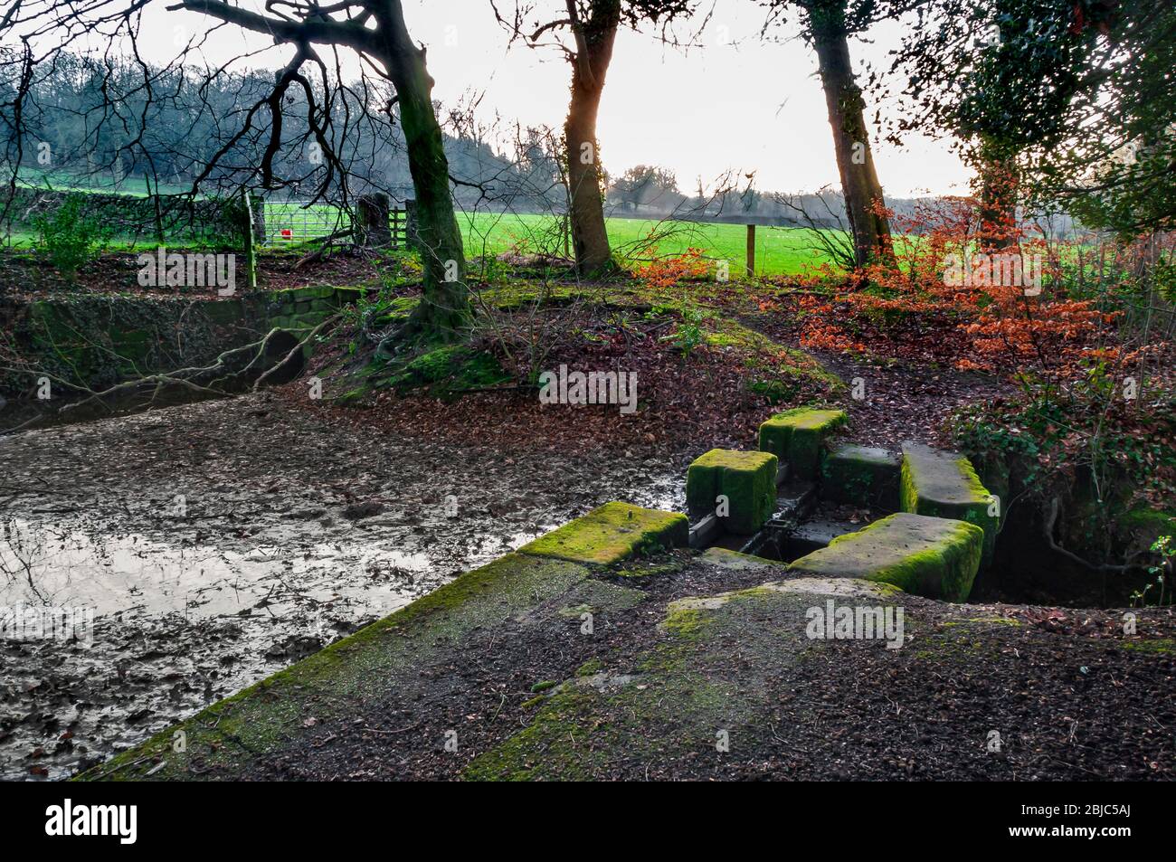 Le haut du débordement de pierre sabbaté du barrage de Wiremill dans la vallée porter, à Sheffield. L'extrémité archarée du ponceau de gait est à gauche. Banque D'Images