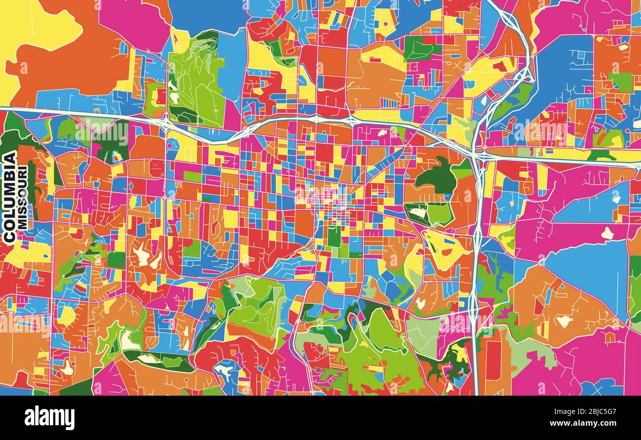 Carte vectorielle colorée de Columbia, Missouri, États-Unis. Modèle de plan artistique pour l'impression automatique d'œuvres d'art murales au format paysage. Illustration de Vecteur