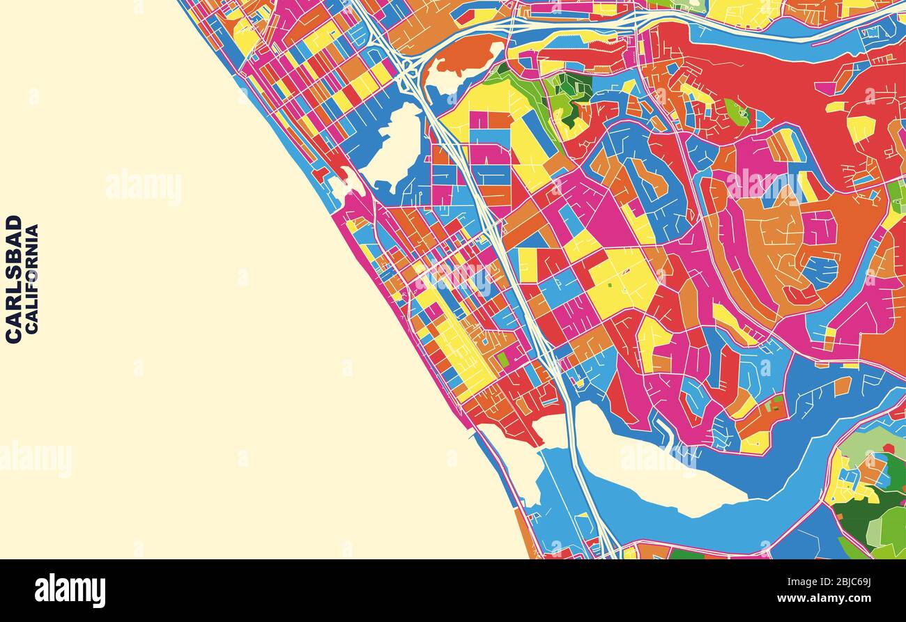 Carte vectorielle colorée de Carlsbad, Californie, États-Unis. Modèle de plan artistique pour l'impression automatique d'œuvres d'art murales au format paysage. Illustration de Vecteur