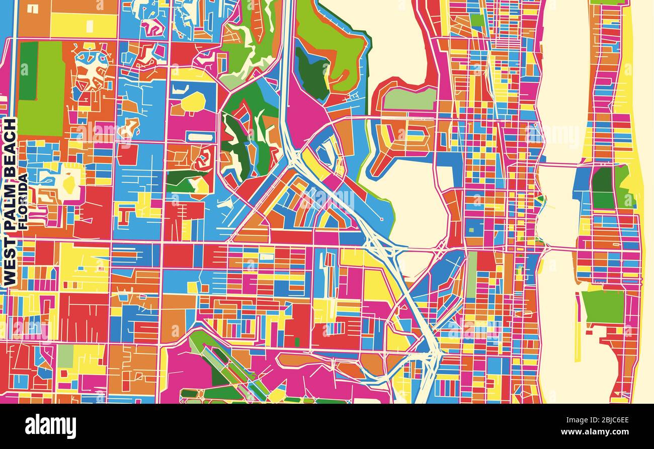 Carte vectorielle colorée de West Palm Beach, Floride, États-Unis. Modèle de plan artistique pour l'impression automatique d'œuvres d'art murales au format paysage. Illustration de Vecteur