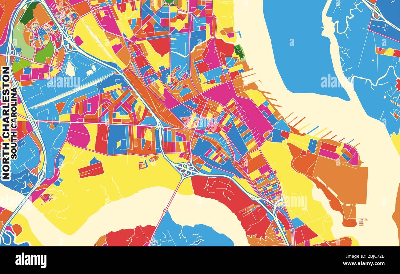Carte vectorielle colorée de North Charleston, Caroline du Sud, États-Unis. Modèle de plan artistique pour l'impression automatique d'œuvres d'art murales au format paysage. Illustration de Vecteur