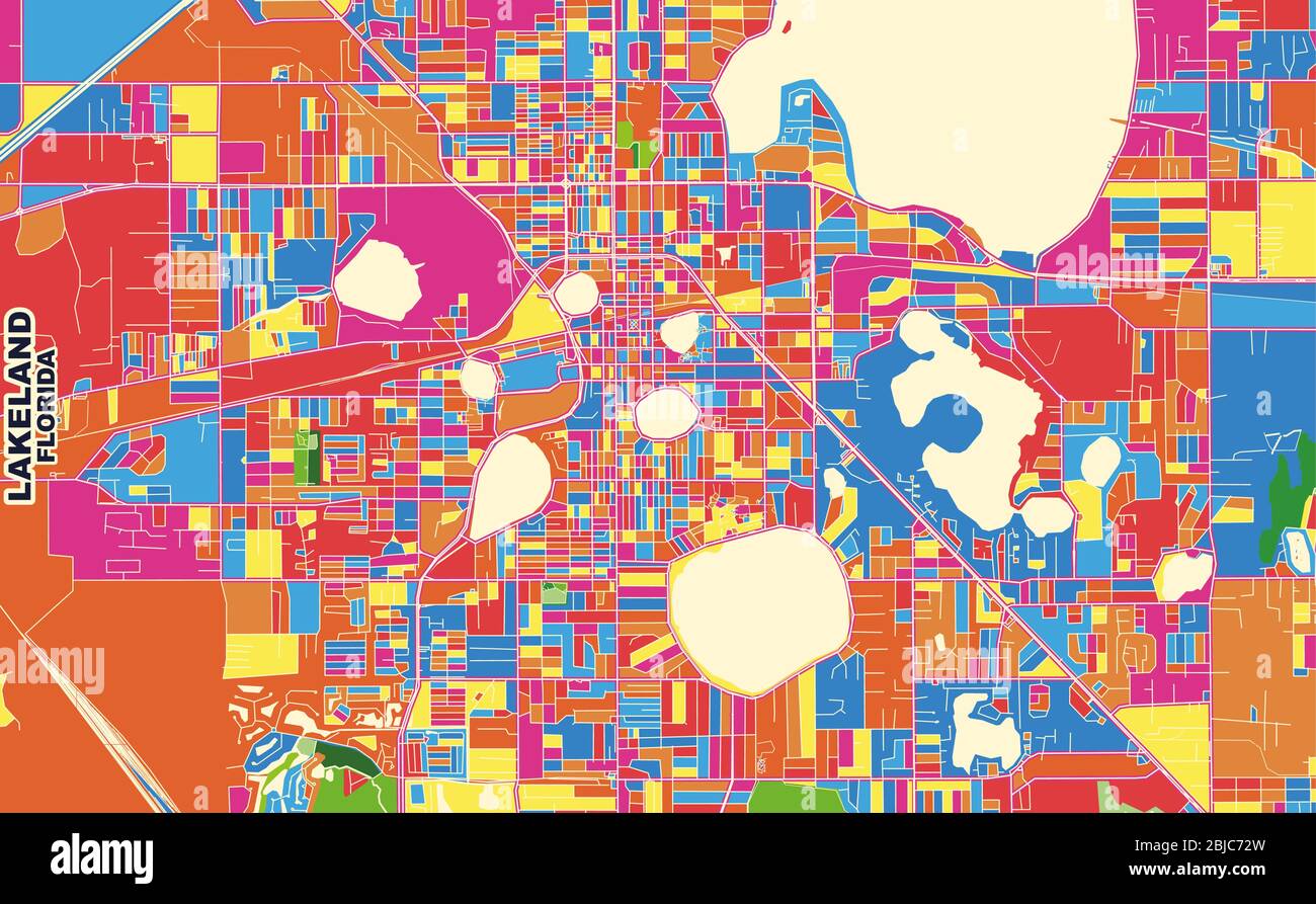 Carte vectorielle colorée de Lakeland, Floride, États-Unis. Modèle de plan artistique pour l'impression automatique d'œuvres d'art murales au format paysage. Illustration de Vecteur