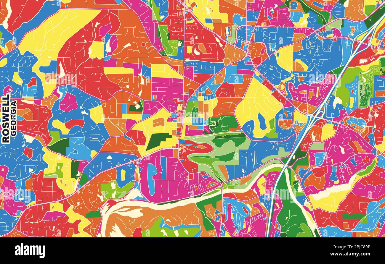 Carte vectorielle colorée de Roswell, Géorgie, États-Unis. Modèle de plan artistique pour l'impression automatique d'œuvres d'art murales au format paysage. Illustration de Vecteur