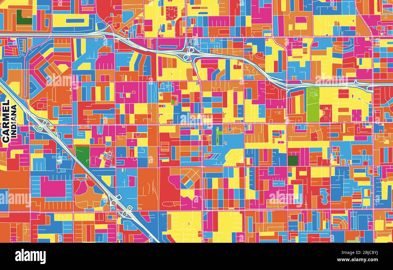 Carte vectorielle colorée de Carmel, Indiana, États-Unis. Modèle de plan artistique pour l'impression automatique d'œuvres d'art murales au format paysage. Illustration de Vecteur