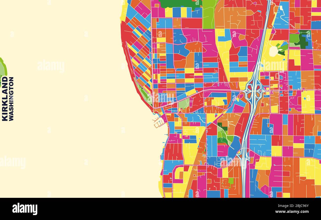 Carte vectorielle colorée de Kirkland, Washington, États-Unis. Modèle de plan artistique pour l'impression automatique d'œuvres d'art murales au format paysage. Illustration de Vecteur