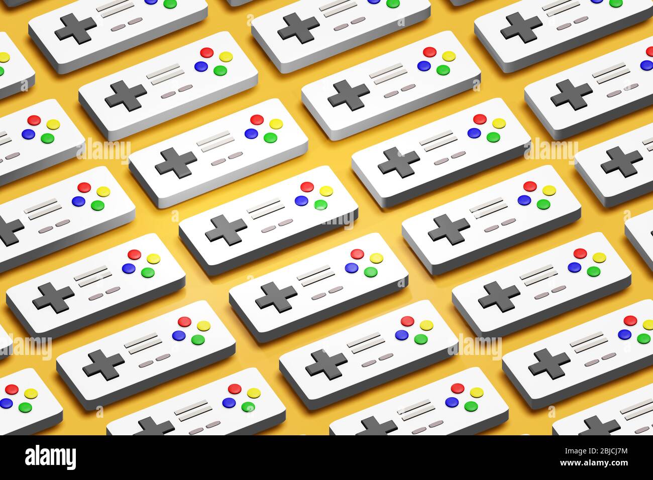 Commandes de jeux de console rétro organisées simples gamepads schéma de tableau répétitif, groupe de l'arrière-plan abstrait, vue de dessus isométrique. Jeux d'époque Banque D'Images