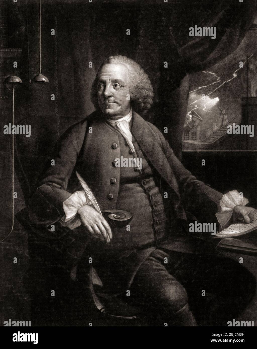 Benjamin Franklin, 1706 - 1790. Auteur américain, politicien, imprimeur, scientifique, philosophe, éditeur, inventeur et militant civique et diplomate. Il était l'un des pères fondateurs. D'une gravure d'Edward Fisher après une peinture de Mason Chamberlin. Banque D'Images