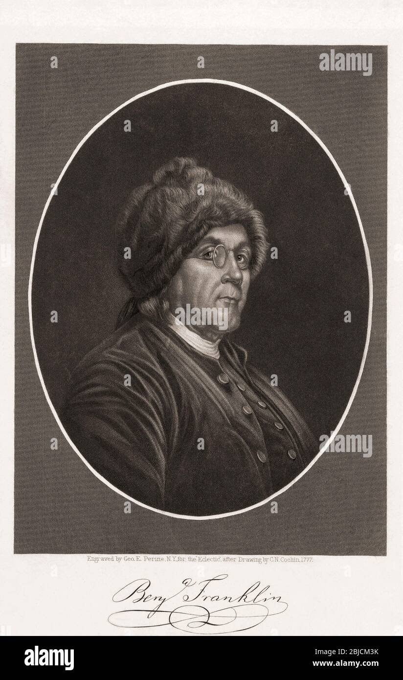 Benjamin Franklin, 1706 - 1790. Auteur américain, politicien, imprimeur, scientifique, philosophe, éditeur, inventeur et militant civique et diplomate. Il était l'un des pères fondateurs. Avec une signature par télécopieur de Franklin. Après une gravure de George E. Perine à partir d'un dessin de C.N. Cochin. Date 1777. Banque D'Images