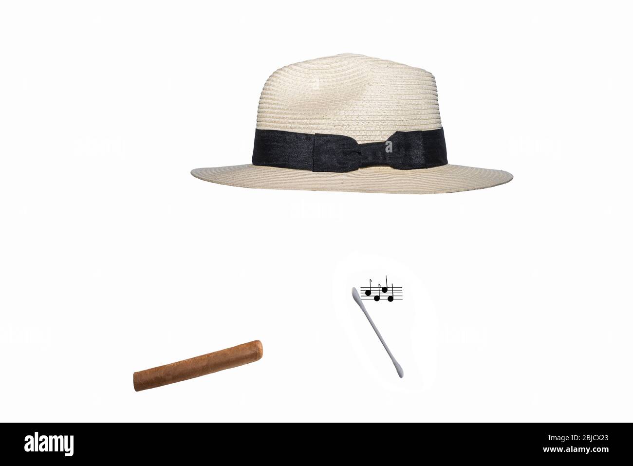 Chapeau Panama, cigare, écouteur + notes de musique. Concept: Homme invisible, homme moderne, mode, streaming, écouteurs, homme du monde, Banque D'Images