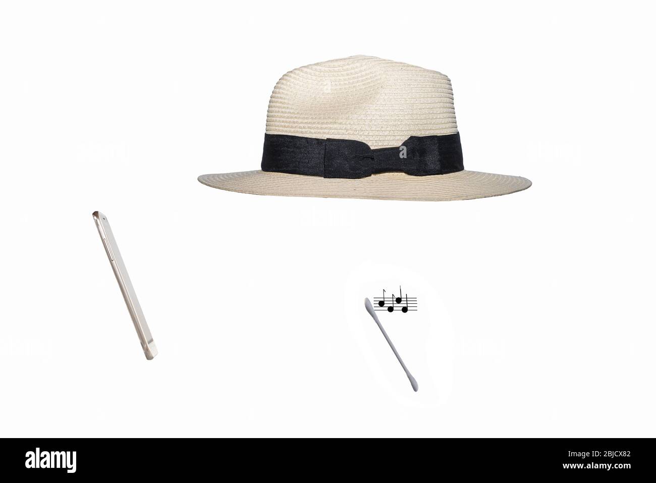 Chapeau Panama, téléphone portable, écouteur + notes de musique. Concept: Homme invisible, homme moderne, mode, streaming, écouteurs, homme du monde, Banque D'Images