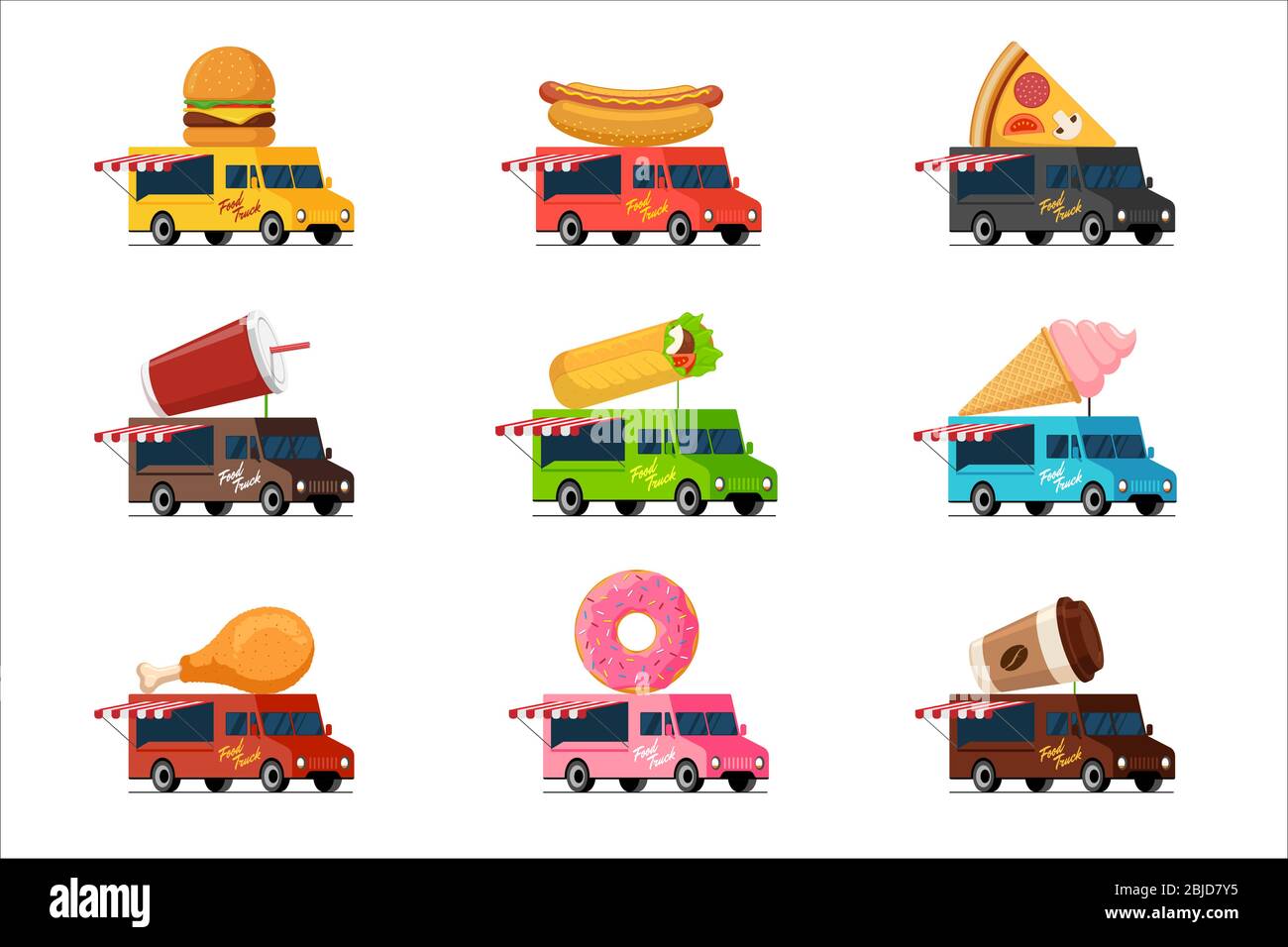 Set de camion de restauration rapide. Hamburger hot dog pizza boisson milkshake shawarma kebab glace crème frite poulet beignet café sur la collection de toit de van. Illustration vectorielle plate de service des roues de livraison de café de rue Illustration de Vecteur Set de camion de restauration rapide. Hamburger hot dog pizza boisson milkshake shawarma kebab glace crème frite poulet beignet café sur la collection de toit de van. Illustration vectorielle plate de service des roues de livraison de café de rue Illustration de Vecteur