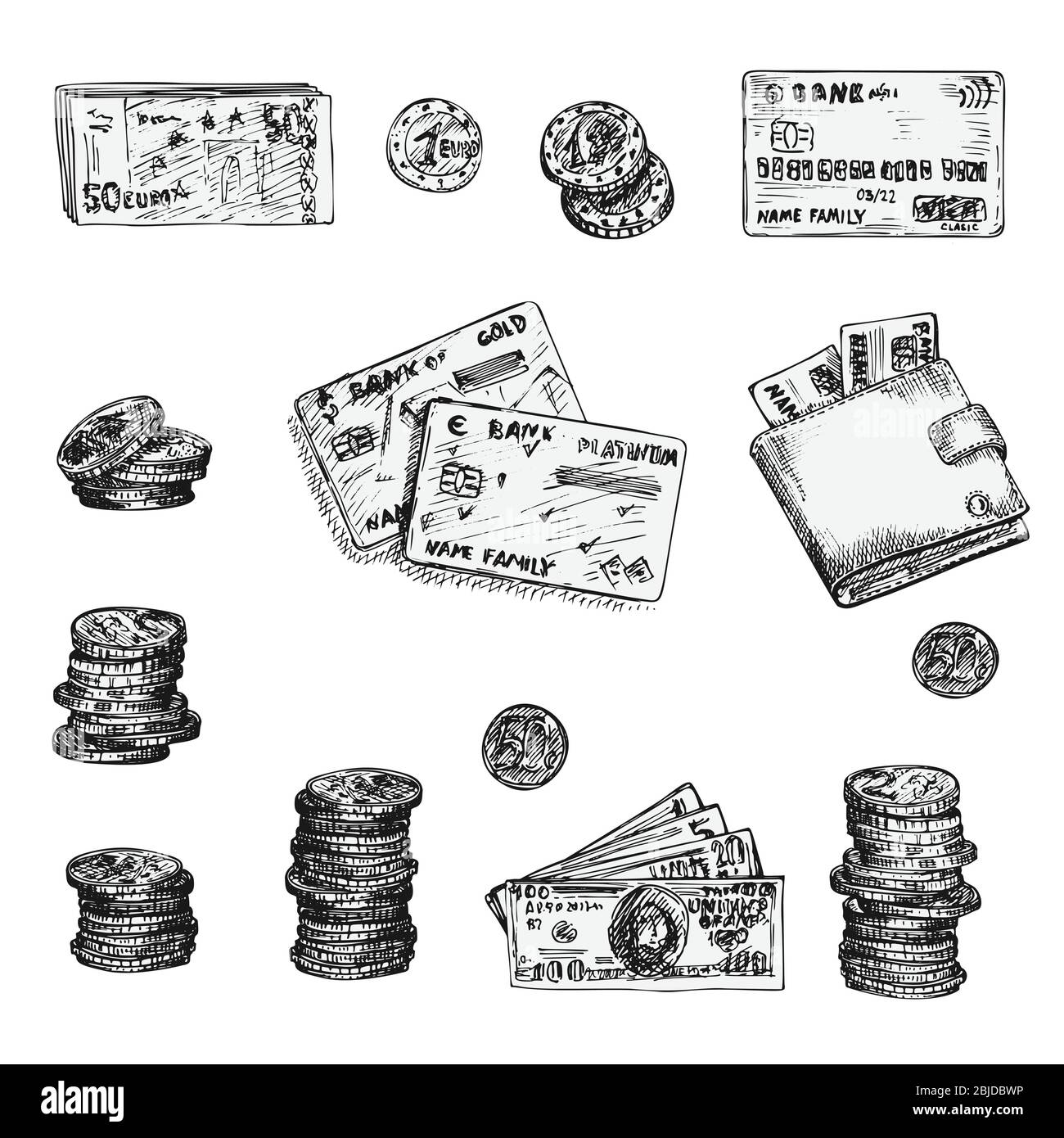 Ensemble d'encres croquis finance icônes argent, pièces, portefeuille, cartes de crédit, ciseaux isolés sur fond blanc, marchés financiers design concept Vintage Illustration de Vecteur