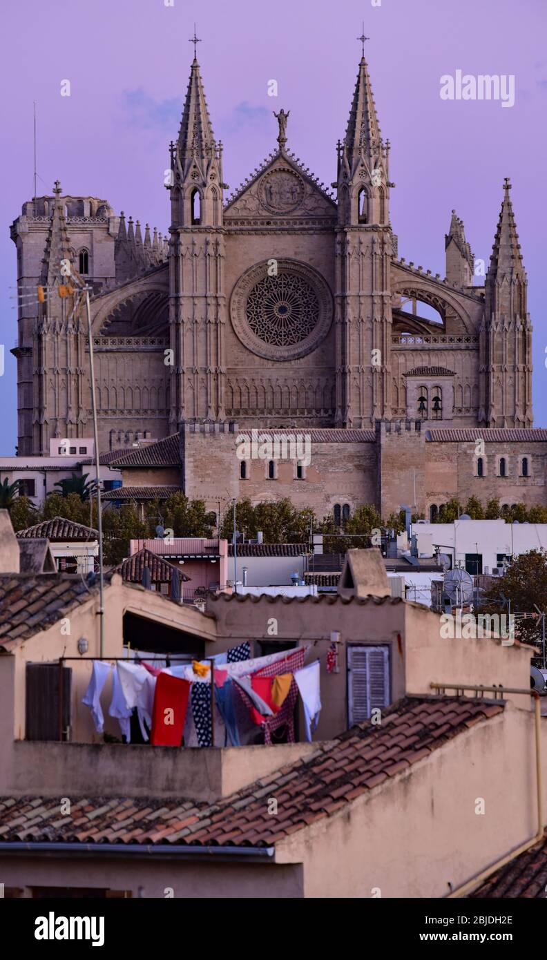 Vue sur le toit au crépuscule de la Seu, cathédrale gothique médiévale de Palma de Majorque, Espagne, Europe. Banque D'Images