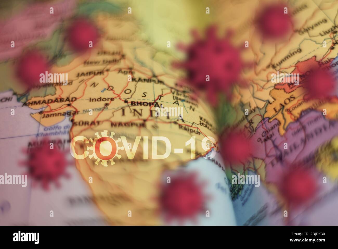 Éclosion de Covid-19 ou nouveau virus de Coronavirus, 2019-nCoV, virus sur une carte DE L'INDE . Virus Covid 19-NCP : contagion et propagation de la maladie. Pandémie et vira Banque D'Images