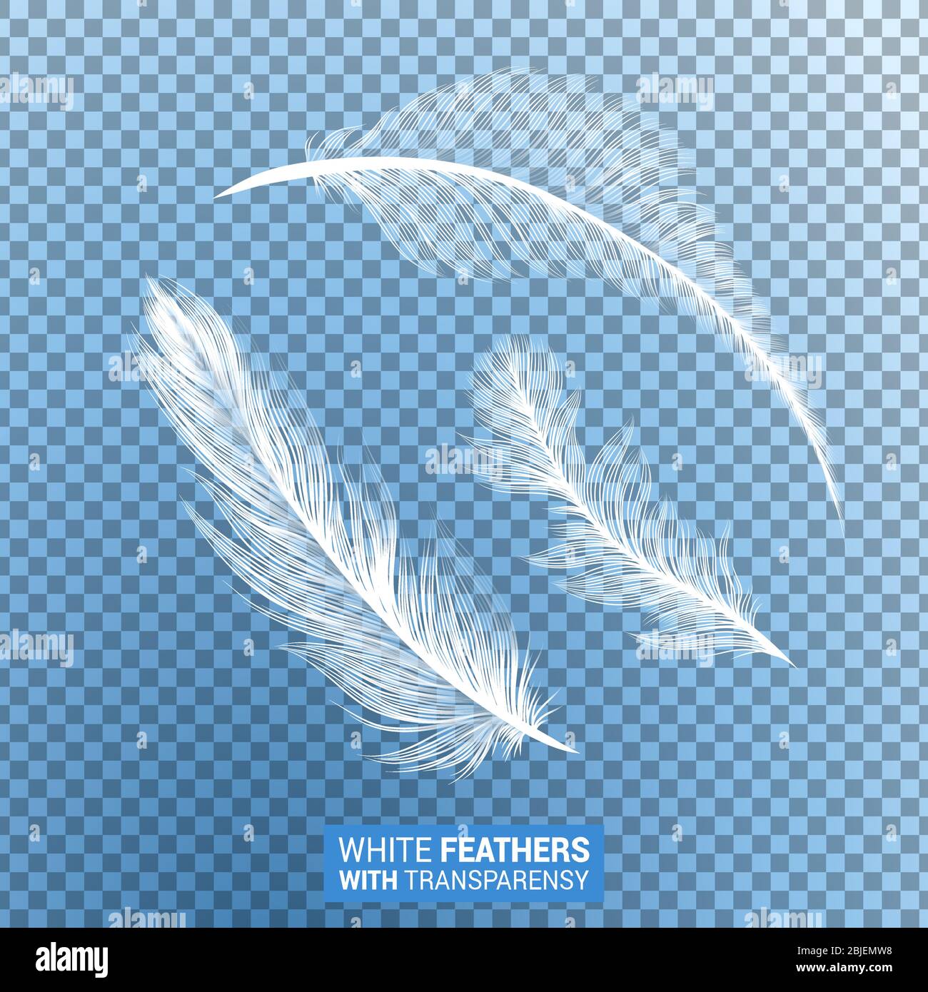 Plumes, plumes isolés et blancs moelleux avec effet transparent sur fond bleu. Plumes d'oiseaux d'oie réalistes avec texture à plumage fluff, motif volant et descendant des formes abstraites Illustration de Vecteur