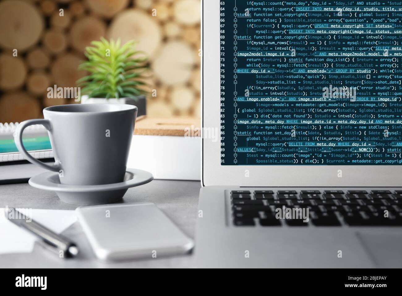 Ordinateur portable du programmateur avec code script à l'écran Banque D'Images