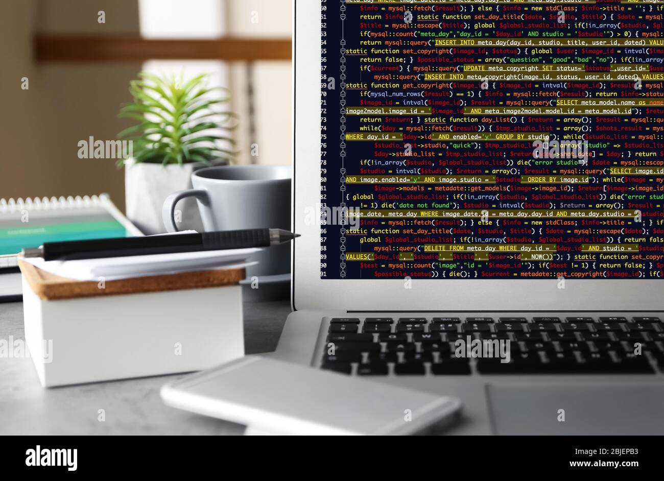 Ordinateur portable du programmateur avec code script à l'écran Banque D'Images