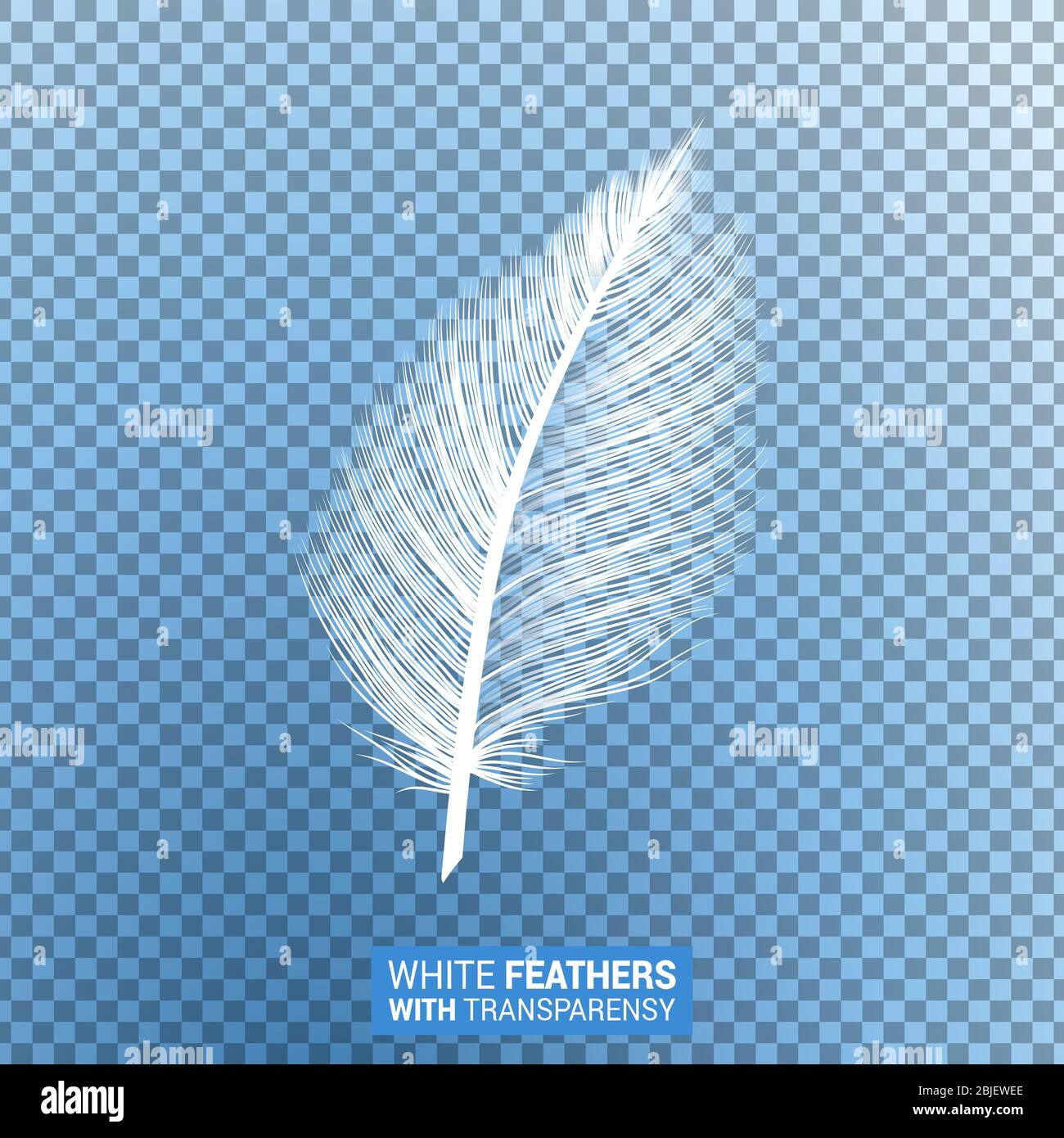 Plumes, plume blanche douce isolée et plume avec effet transparent sur fond bleu. Plumes d'oiseaux de l'oie réalistes avec texture à plumage fluff, motif volant et chute Illustration de Vecteur