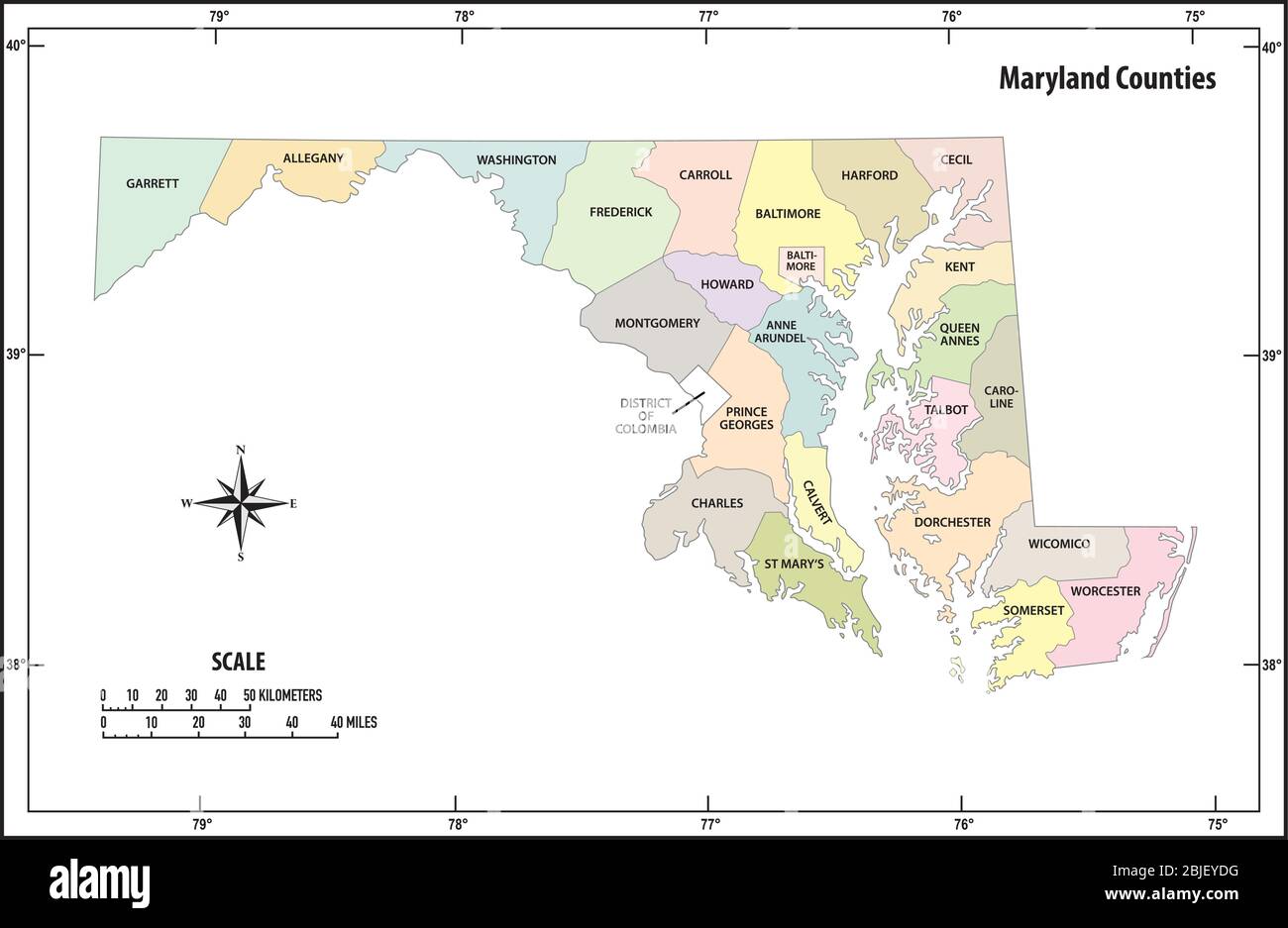 L'état du Maryland présente en couleur la carte des vecteurs administratifs et politiques Illustration de Vecteur