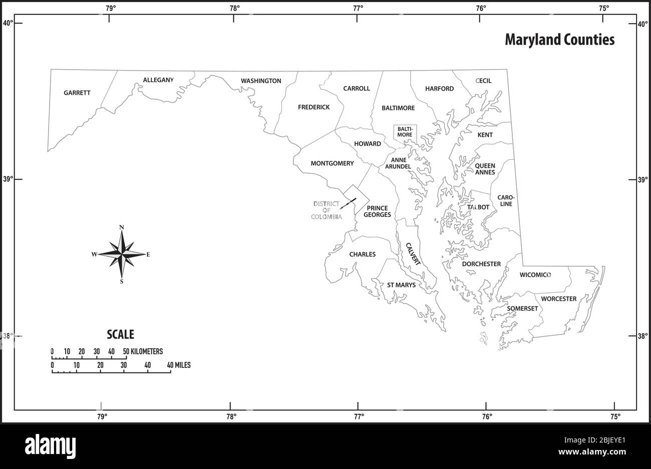 L'état du Maryland présente la carte des vecteurs administratifs et politiques en noir et blanc Illustration de Vecteur