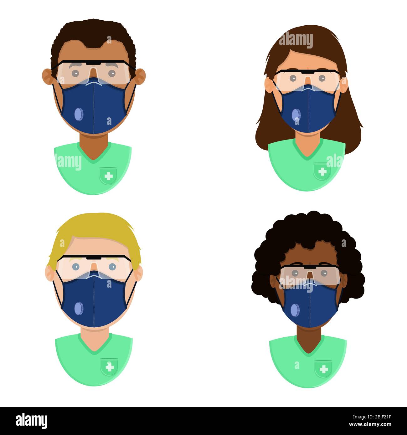 Ensemble de professionnels de la santé avec masque chirurgical n 95 et lunettes de sécurité médicale pour la protection. Diversité ethnique des personnages. Illustration de Vecteur