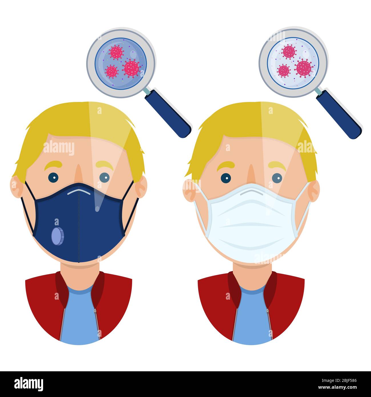 Homme blanc portant deux types de masques (masque chirurgical et masque respiratoire N 95) contaminés par le virus. Illustration de Vecteur