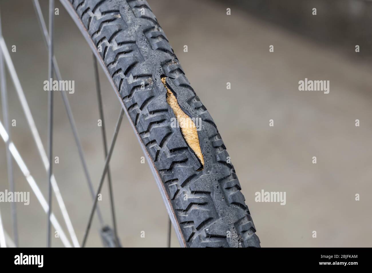 Bande de roulement en caoutchouc fendue avec cordon sur l'ancien pneu de vélo usé. Banque D'Images