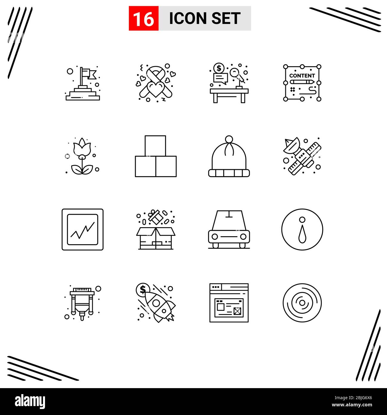 Universal Icon Symbols Groupe de 16 contours modernes de la flore, de la conception, de la vente aux enchères, de la duplication, du contenu Editable Vector Design Elements Illustration de Vecteur
