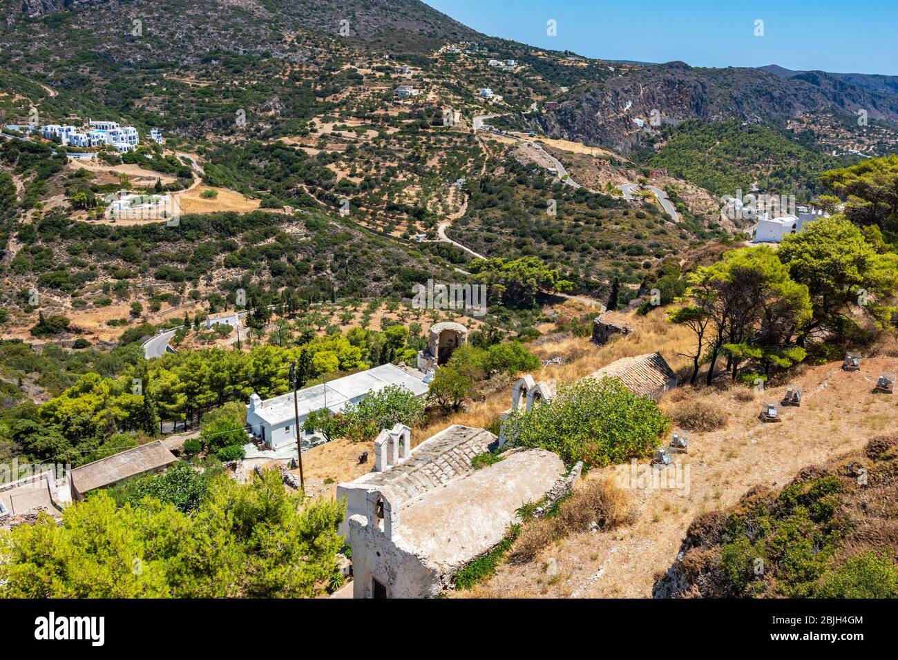 Le château byzantin - ville sur l'île de Kythira. Vue depuis le château intérieur, comprend les églises de Panagia Myrtidiotissa, Panagia Orfani. Banque D'Images