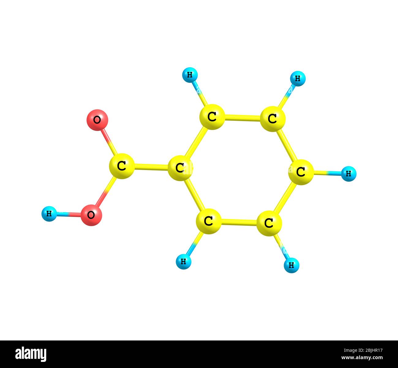 L'acide benzoïque (C7H6O2) est un solide cristallin incolore et un acide carboxylique aromatique simple Banque D'Images