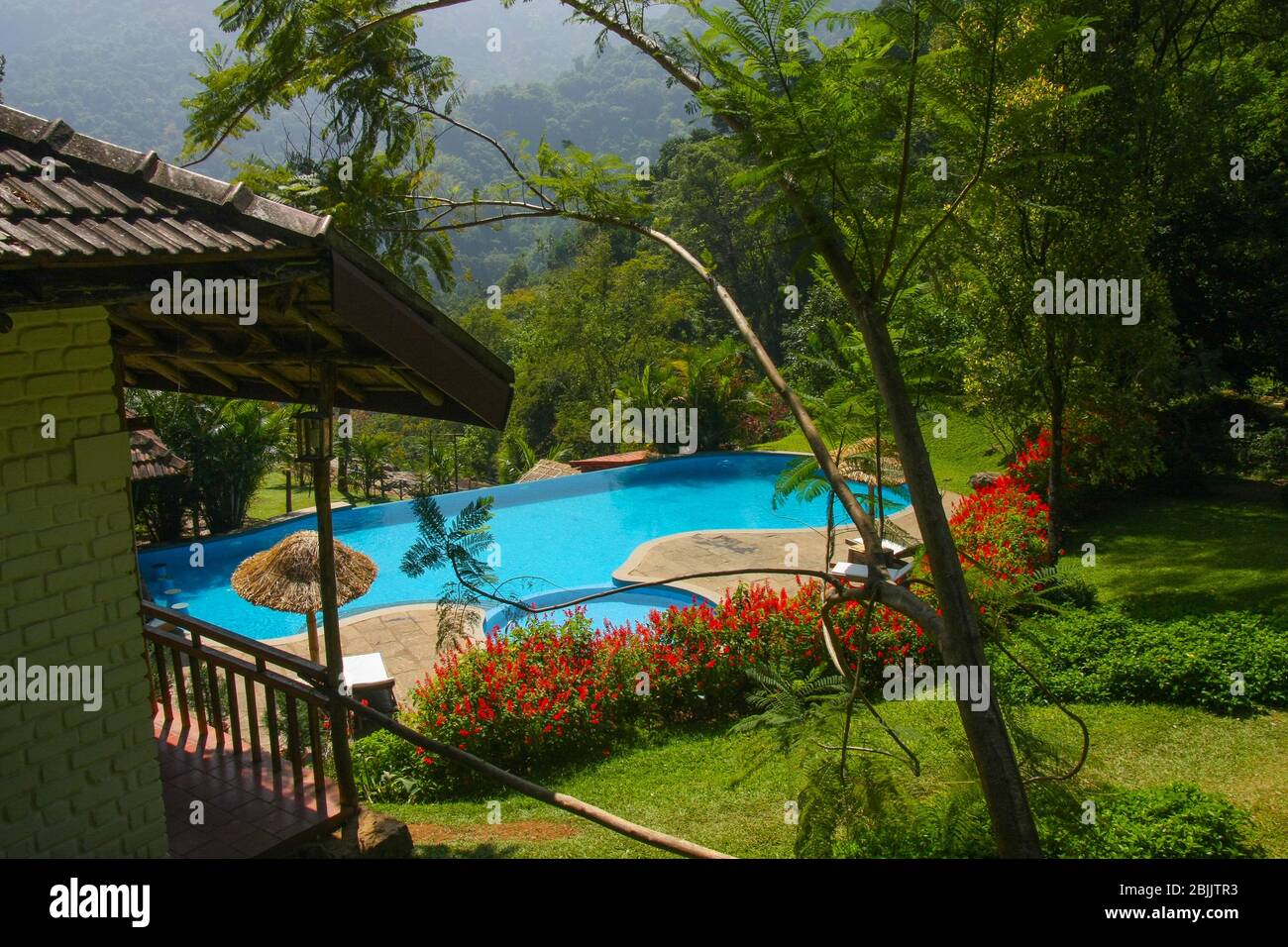 Une piscine d'un complexe entouré de collines boisées à Coonoor (Tamil Nadu, Inde) Banque D'Images