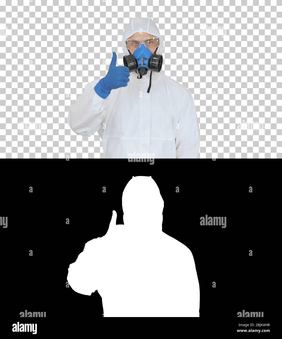 Homme en costume de protection, un masque et un respirateur Thumbs up, Alpha Channel Banque D'Images