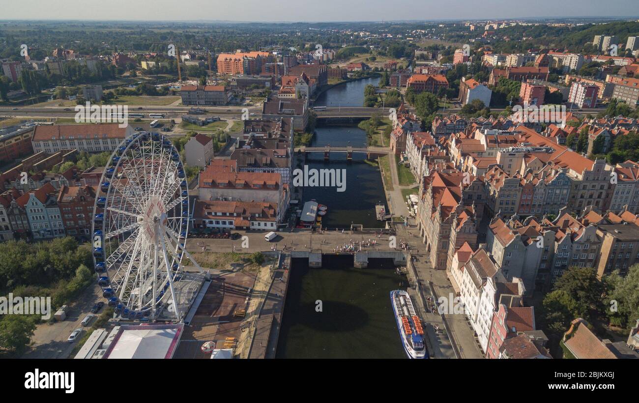 Gdansk, Pologne panorama aérien avec la rivière Motlawa et les monuments célèbres Banque D'Images