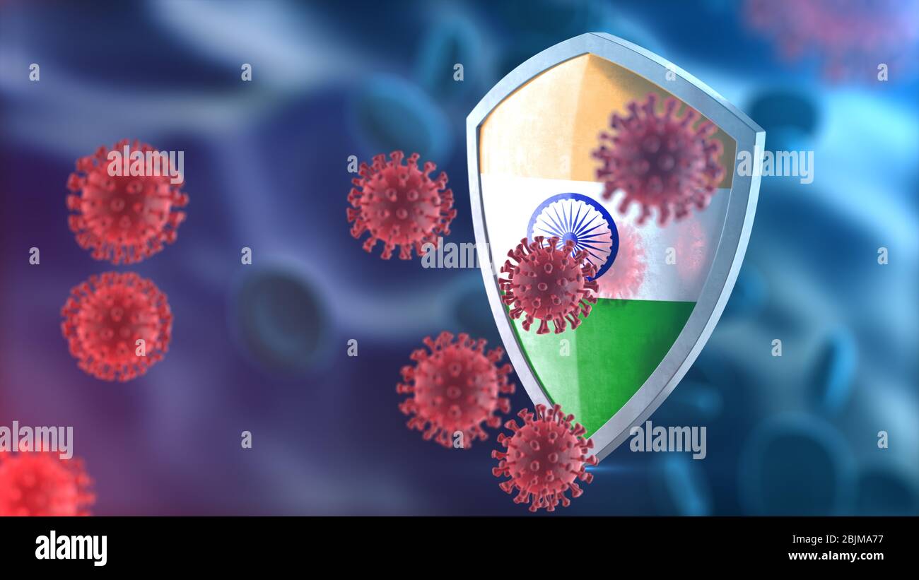 Protection de sécurité en tant que concept de protection antivirus. Barrière du coronavirus SRAS-Cov-2. Blindage en acier peint comme drapeau national de l'Inde, défendre contre COVID-19 Banque D'Images